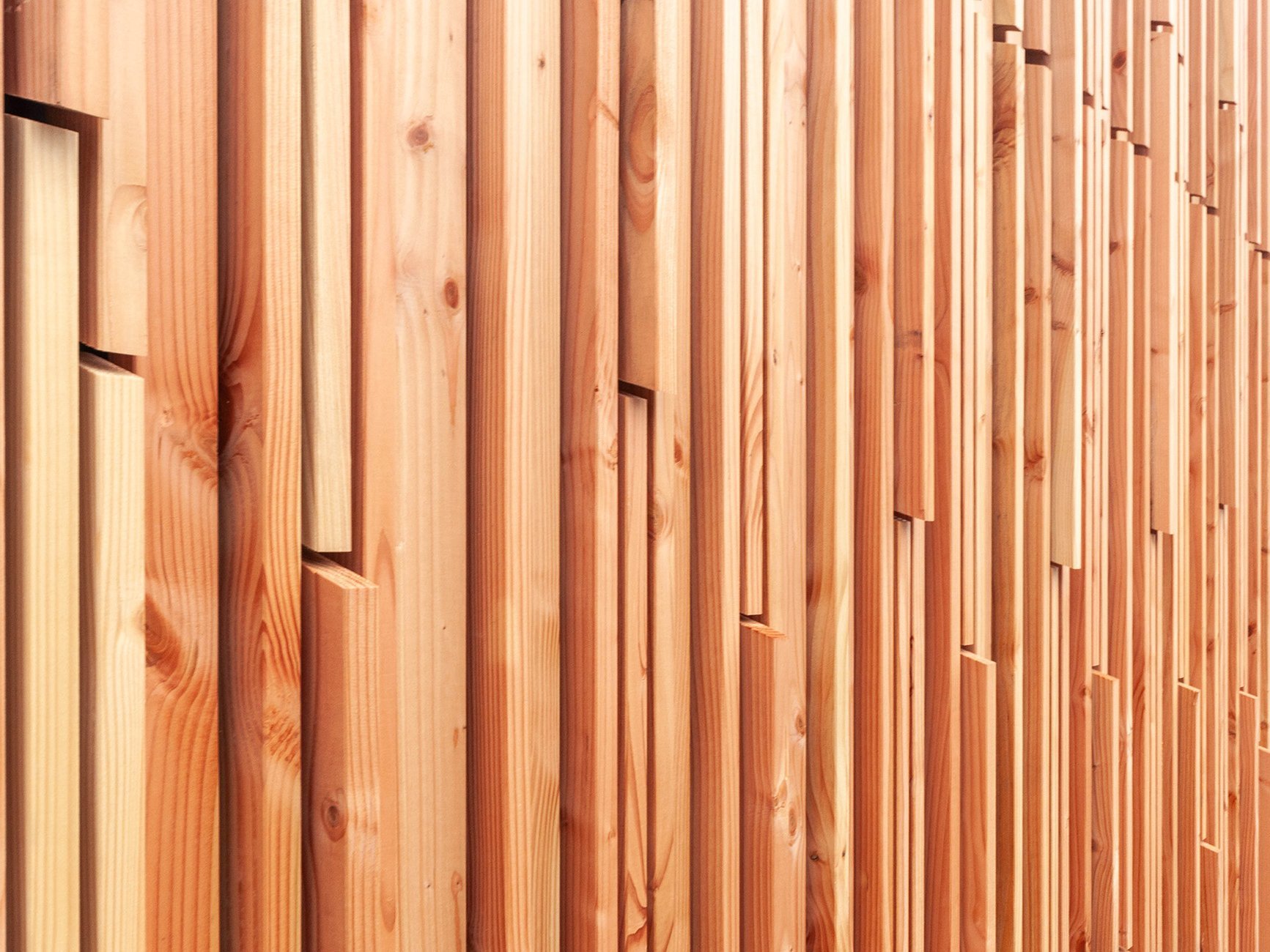 Fassade in Naturholzfarbe, mehrschichtig und parametrisch