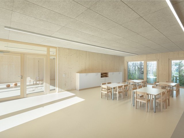 Kindertagesstätte, Fischbach - Innenansicht eines Gruppenraums mit hellem Holz und hellem Boden 