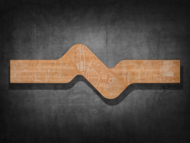 ERNE Jubiläumstisch Oberfläche eines langen geschwungenen Holztisches mit eingravierter Firmengeschichte in Zinnguss