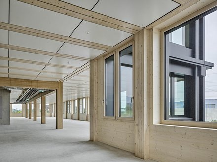 Suurstoffi 22, Risch-Rotkreuz - Holz-Beton-Hybriddecke in Raum aus Holz-Beton-Verbundkonstruktion mit lichtspendenden Fenstern